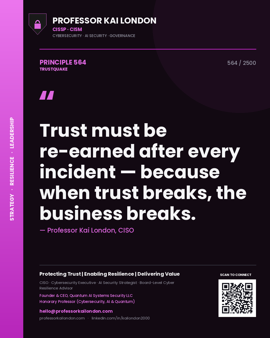 Quote card by Professor Kai London reading 'Trust must be re-earned after every incident — because when trust breaks, the business breaks.'. From the book Trustquake.