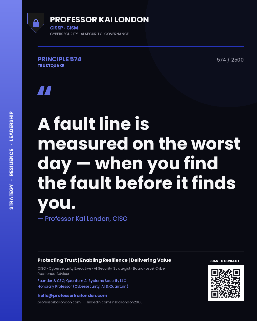 Quote card by Professor Kai London reading 'A fault line is measured on the worst day — when you find the fault before it finds you.'. From the book Trustquake.