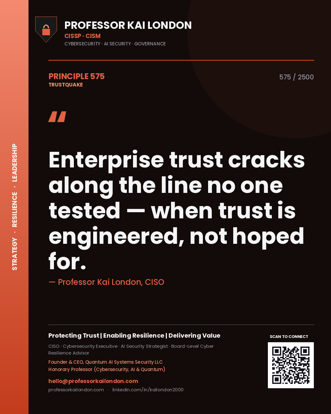 Quote card by Professor Kai London reading 'Enterprise trust cracks along the line no one tested — when trust is engineered, not hoped for.'. From the book Trustquake.