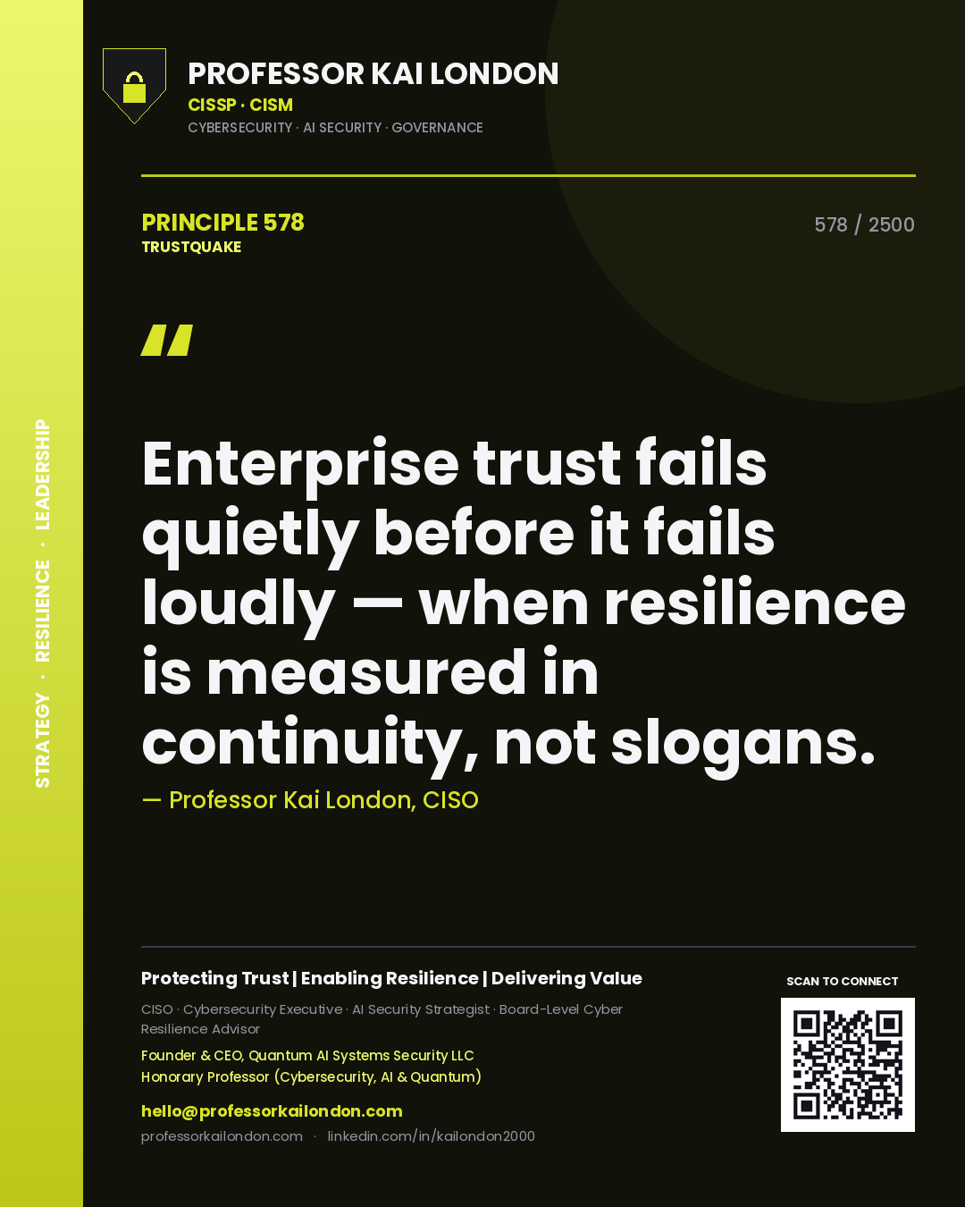 Quote card by Professor Kai London reading 'Enterprise trust fails quietly before it fails loudly — when resilience is measured in continuity, not slogans.'. From the book Trustquake.