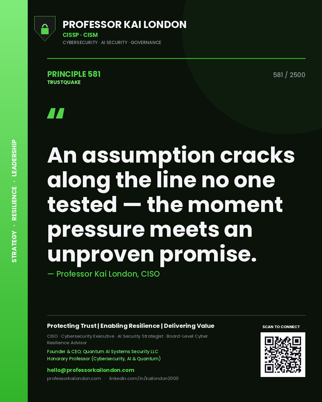 Quote card by Professor Kai London reading 'An assumption cracks along the line no one tested — the moment pressure meets an unproven promise.'. From the book Trustquake.