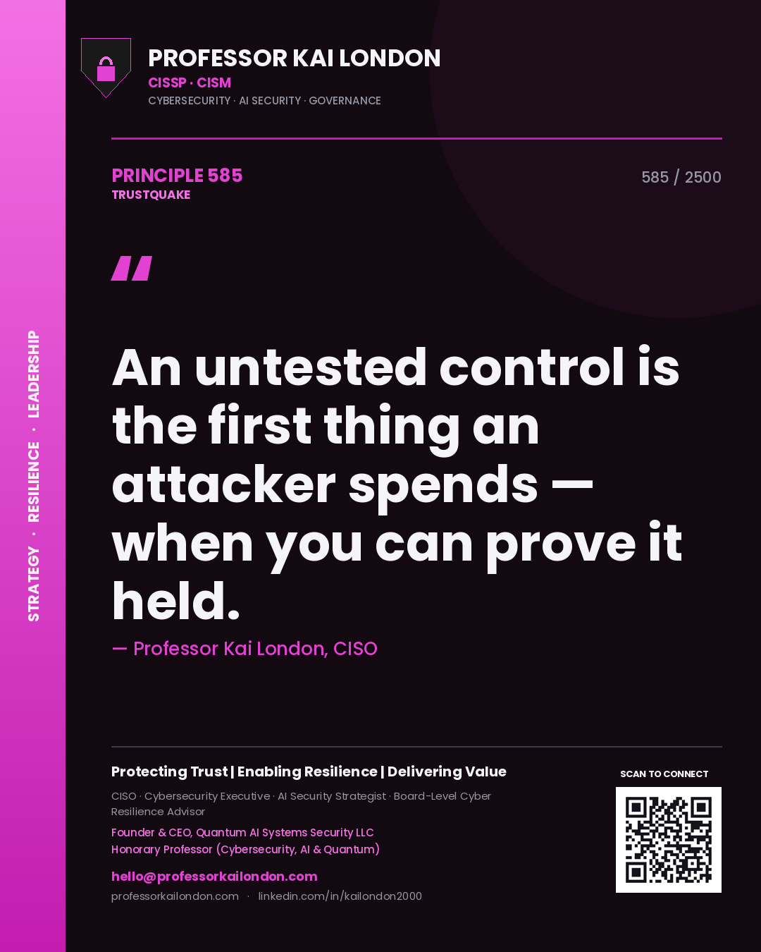 Quote card by Professor Kai London reading 'An untested control is the first thing an attacker spends — when you can prove it held.'. From the book Trustquake.