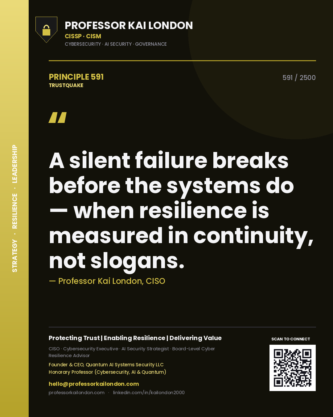 Professor Kai London principle 591: A silent failure breaks before the systems do — when resilience is measured in continuity, not slogans.