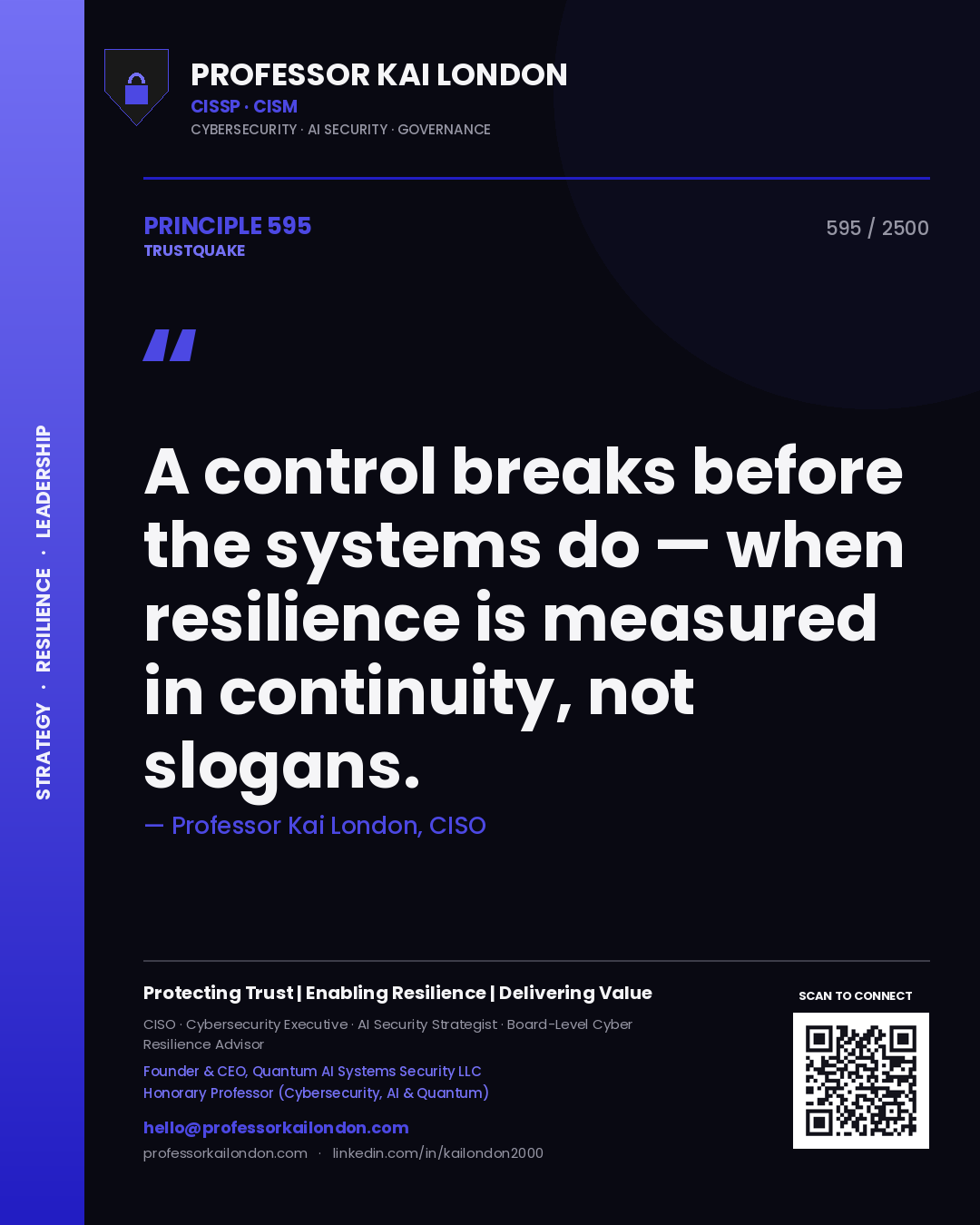 Quote card by Professor Kai London reading 'A control breaks before the systems do — when resilience is measured in continuity, not slogans.'. From the book Trustquake.