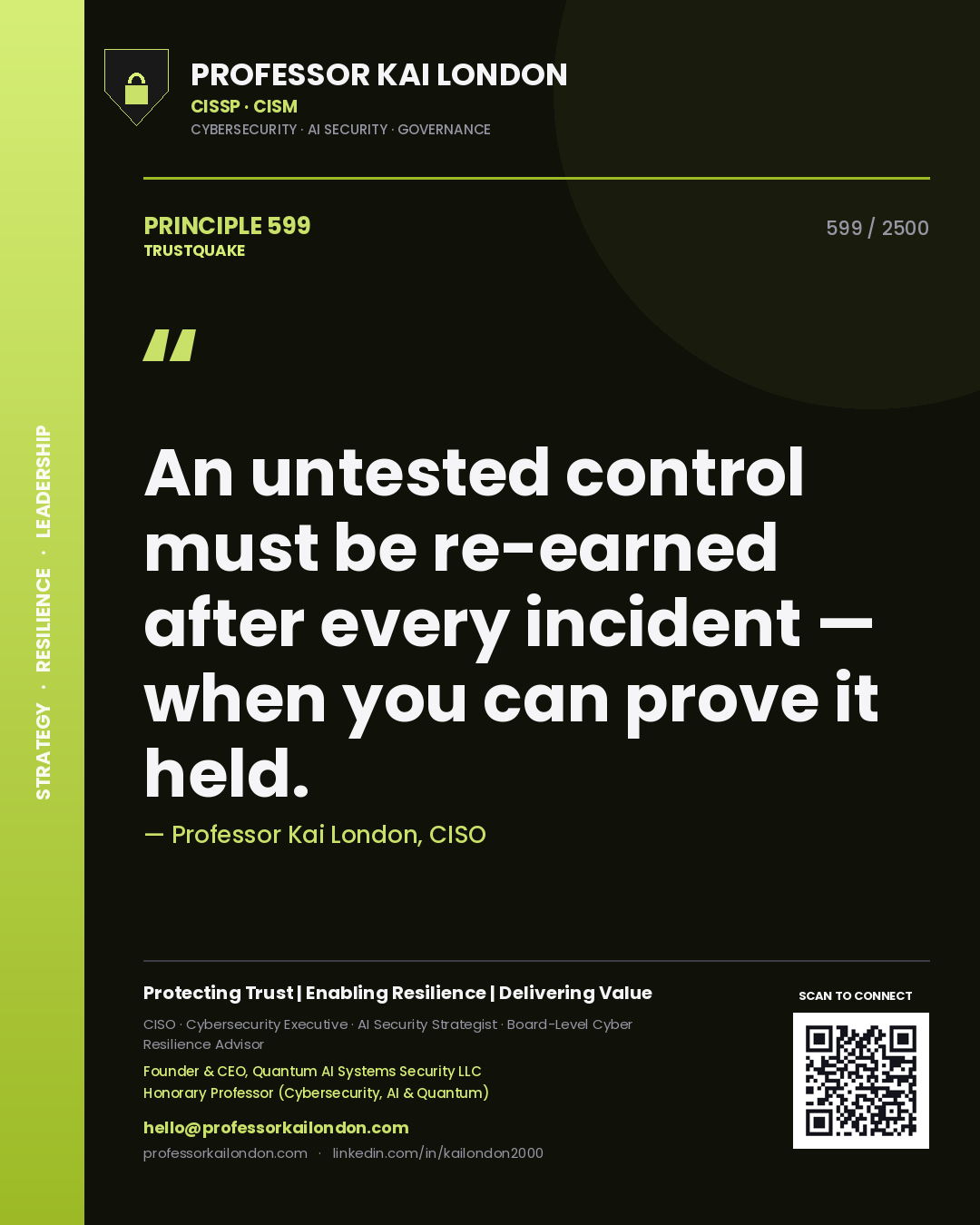 Professor Kai London principle 599: An untested control must be re-earned after every incident — when you can prove it held.