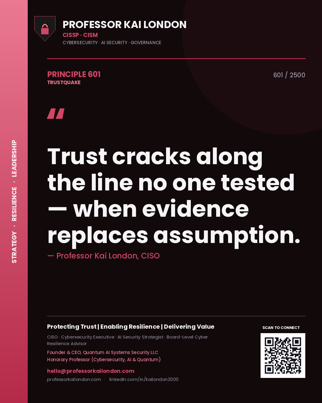 Quote card by Professor Kai London reading 'Trust cracks along the line no one tested — when evidence replaces assumption.'. From the book Trustquake.