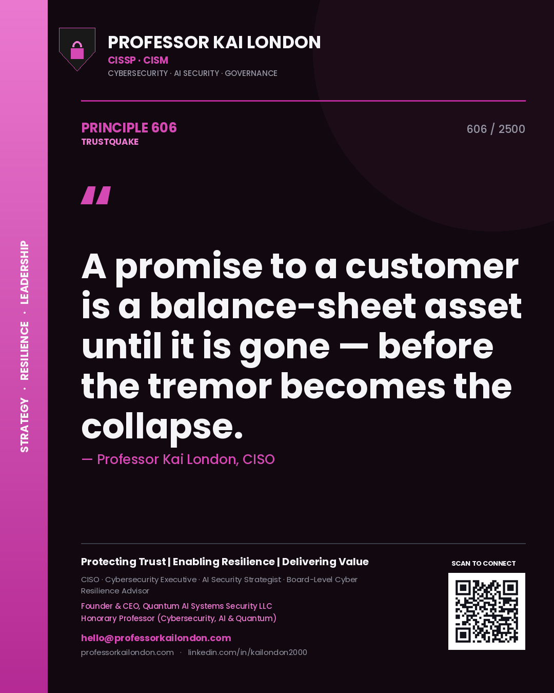 Quote card by Professor Kai London reading 'A promise to a customer is a balance-sheet asset until it is gone — before the tremor becomes the collapse.'. From the book Trustquake.