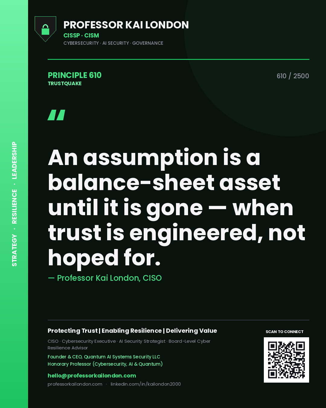 Quote card by Professor Kai London reading 'An assumption is a balance-sheet asset until it is gone — when trust is engineered, not hoped for.'. From the book Trustquake.