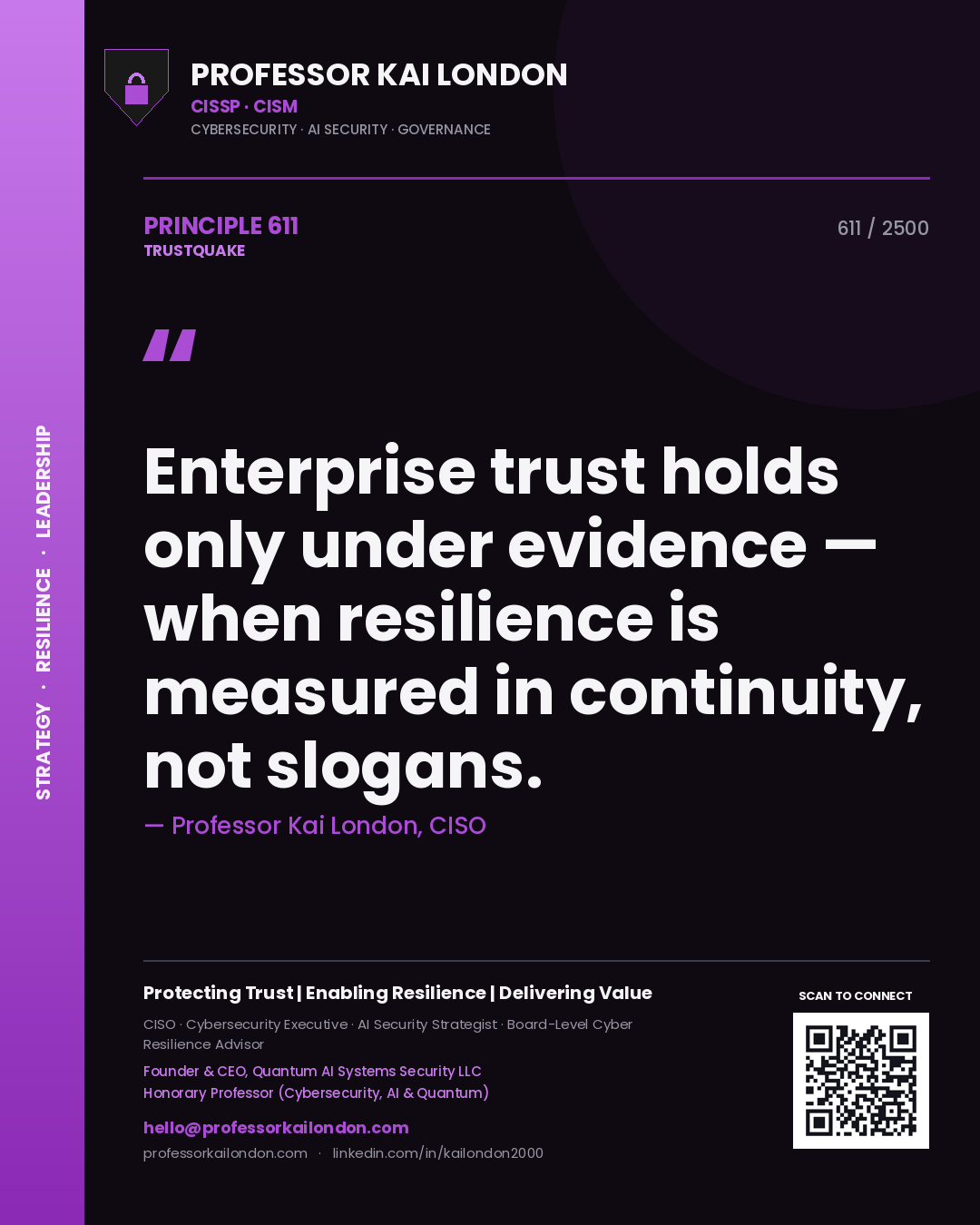 Quote card by Professor Kai London reading 'Enterprise trust holds only under evidence — when resilience is measured in continuity, not slogans.'. From the book Trustquake.