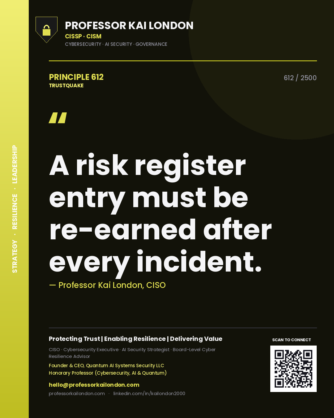 Quote card by Professor Kai London reading 'A risk register entry must be re-earned after every incident.'. From the book Trustquake.