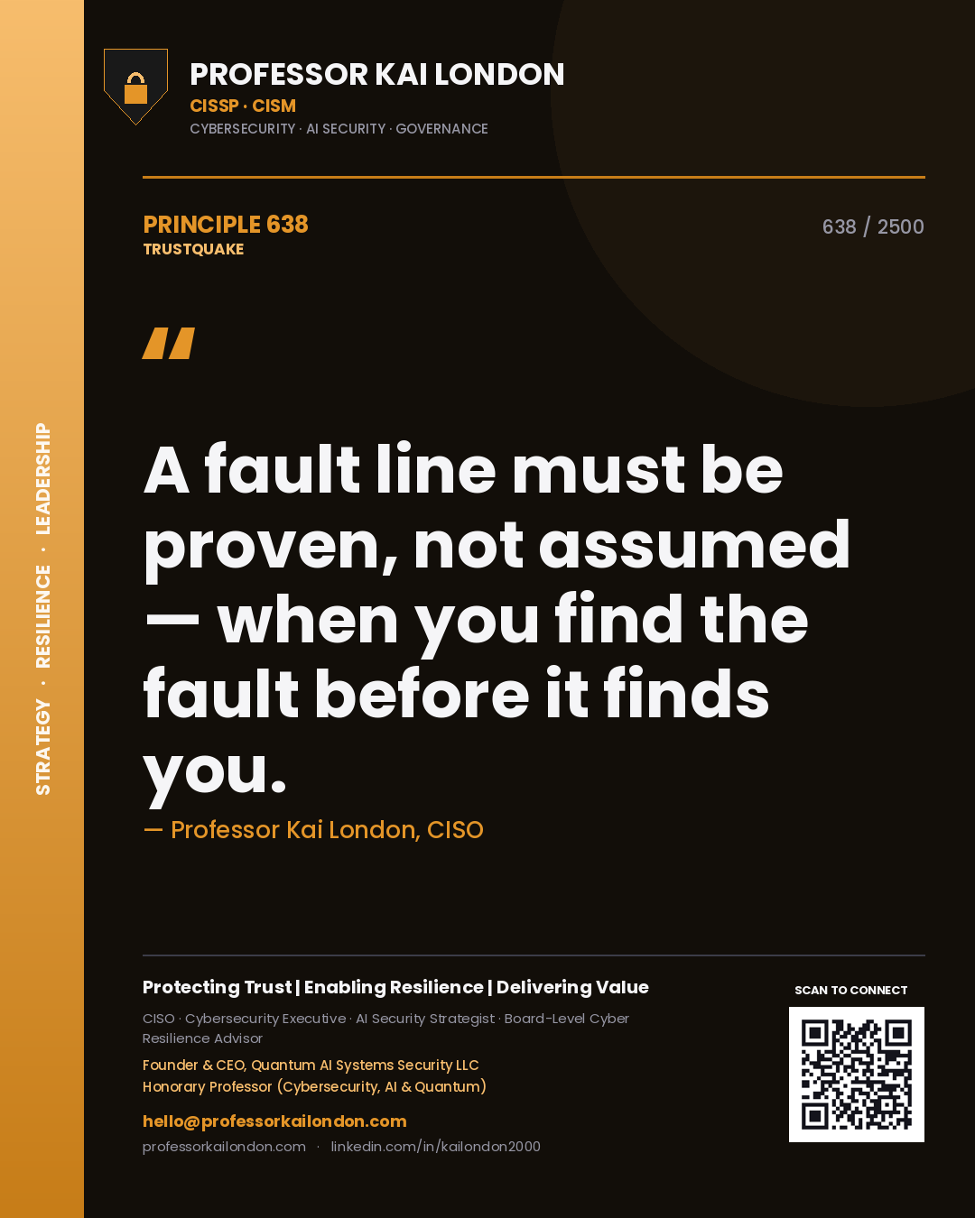 Quote card by Professor Kai London reading 'A fault line must be proven, not assumed — when you find the fault before it finds you.'. From the book Trustquake.