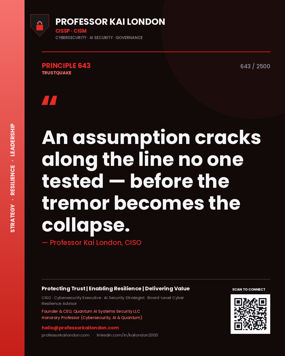 Quote card by Professor Kai London reading 'An assumption cracks along the line no one tested — before the tremor becomes the collapse.'. From the book Trustquake.