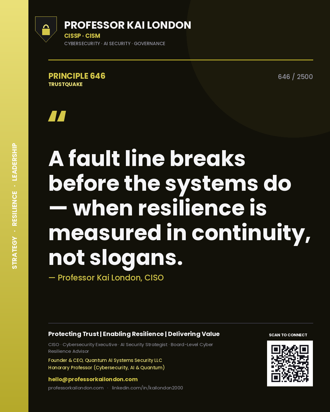 Quote card by Professor Kai London reading 'A fault line breaks before the systems do — when resilience is measured in continuity, not slogans.'. From the book Trustquake.