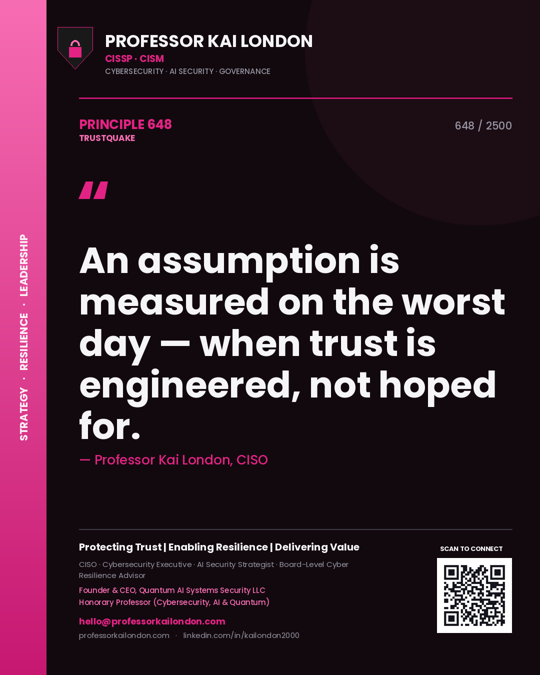 Quote card by Professor Kai London reading 'An assumption is measured on the worst day — when trust is engineered, not hoped for.'. From the book Trustquake.
