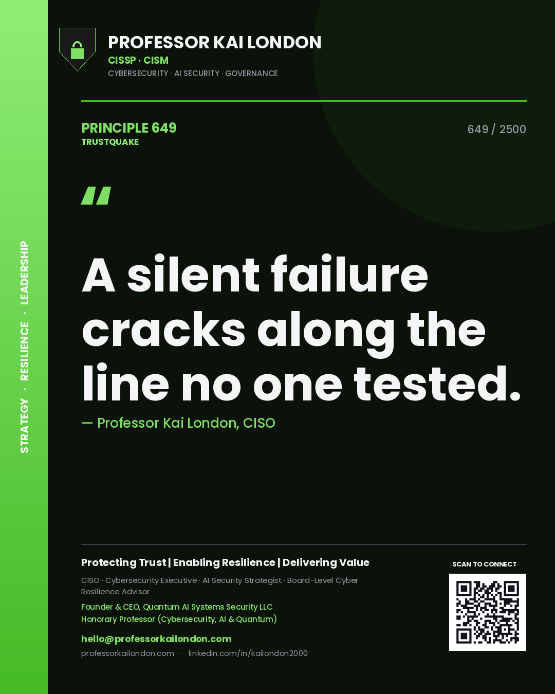 Quote card by Professor Kai London reading 'A silent failure cracks along the line no one tested.'. From the book Trustquake.