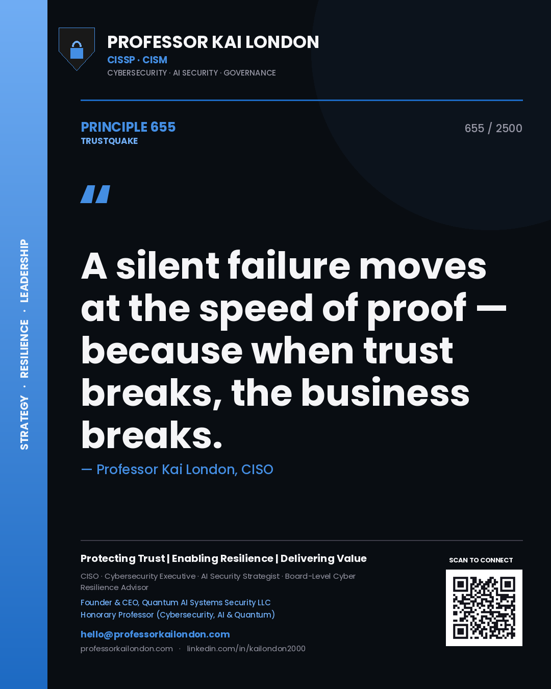 Quote card by Professor Kai London reading 'A silent failure moves at the speed of proof — because when trust breaks, the business breaks.'. From the book Trustquake.