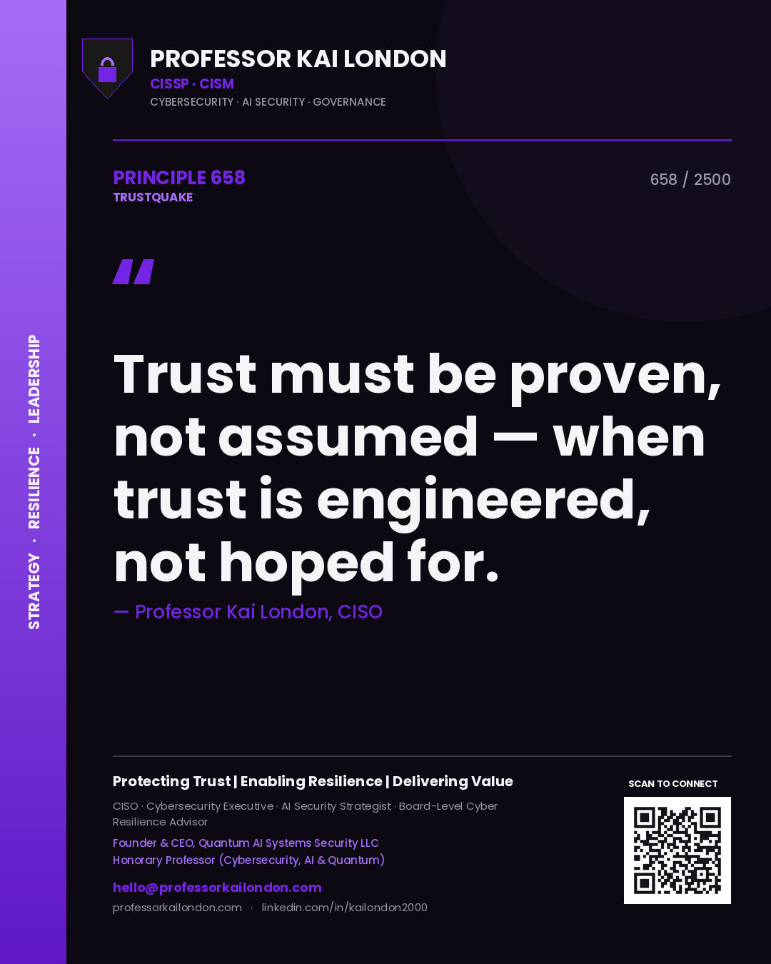Quote card by Professor Kai London reading 'Trust must be proven, not assumed — when trust is engineered, not hoped for.'. From the book Trustquake.