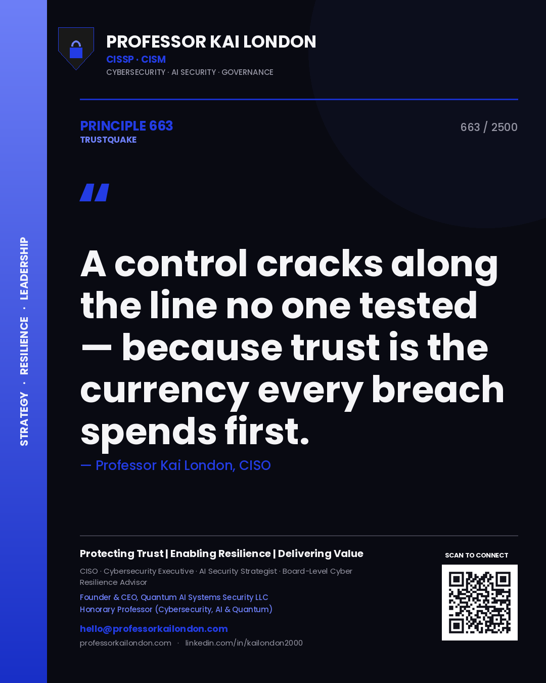 Quote card by Professor Kai London reading 'A control cracks along the line no one tested — because trust is the currency every breach spends first.'. From the book Trustquake.
