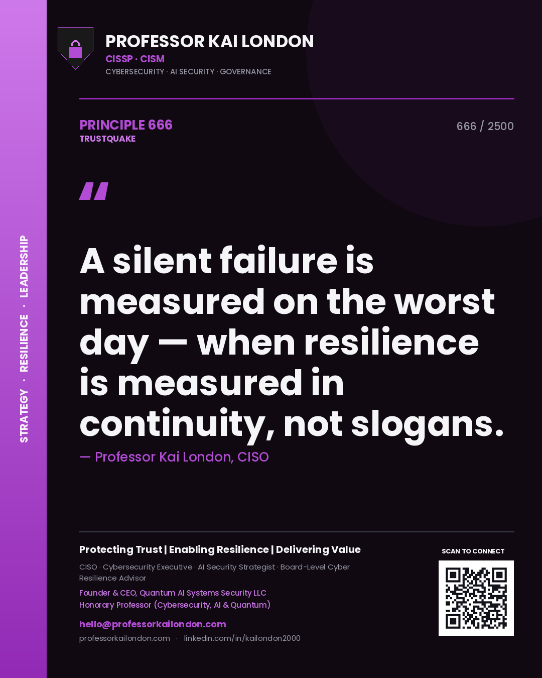 Quote card by Professor Kai London reading 'A silent failure is measured on the worst day — when resilience is measured in continuity, not slogans.'. From the book Trustquake.
