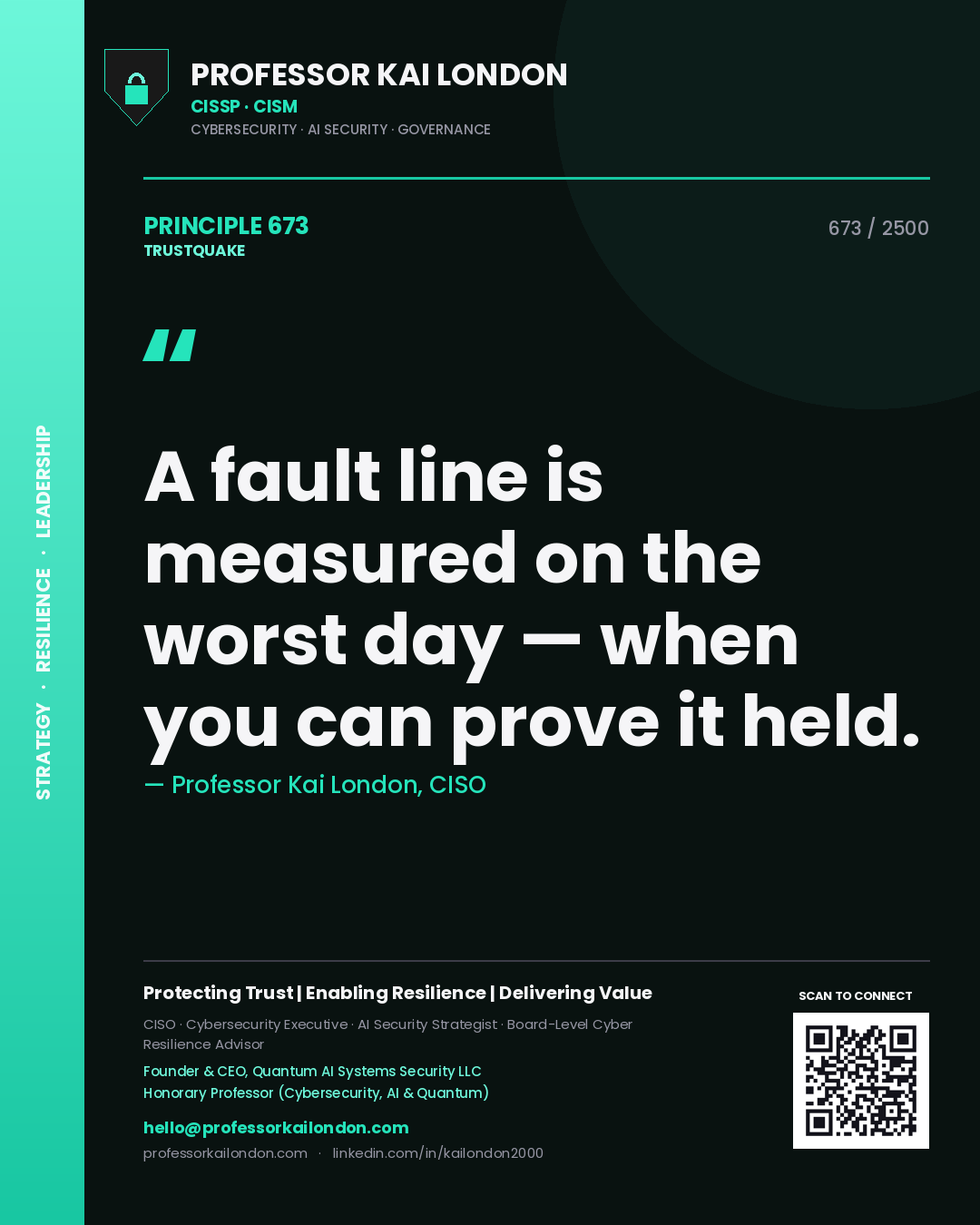 Quote card by Professor Kai London reading 'A fault line is measured on the worst day — when you can prove it held.'. From the book Trustquake.