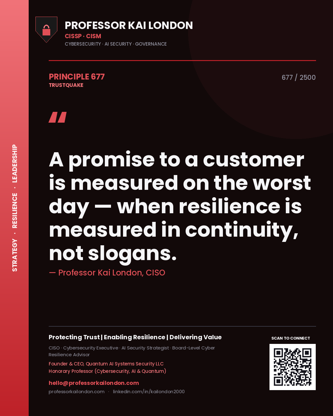 Quote card by Professor Kai London reading 'A promise to a customer is measured on the worst day — when resilience is measured in continuity, not slogans.'. From the book Trustquake.