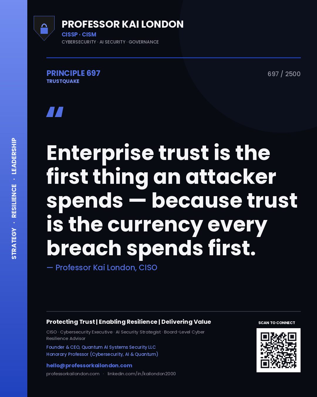 Quote card by Professor Kai London reading 'Enterprise trust is the first thing an attacker spends — because trust is the currency every breach spends first.'. From the book Trustquake.