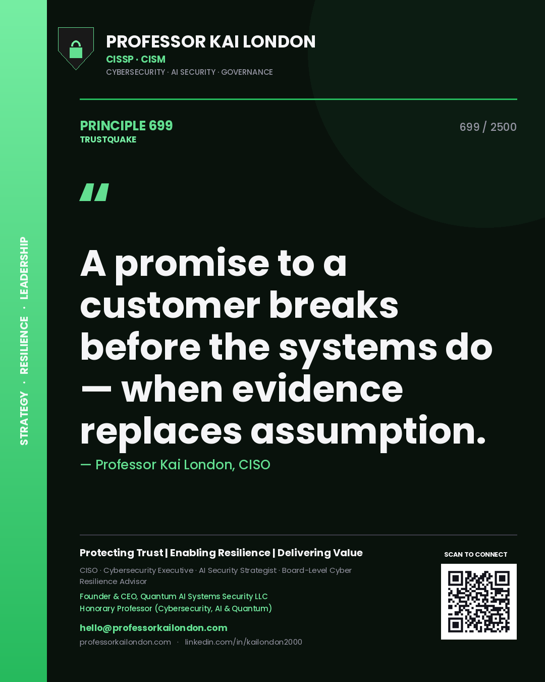 Quote card by Professor Kai London reading 'A promise to a customer breaks before the systems do — when evidence replaces assumption.'. From the book Trustquake.