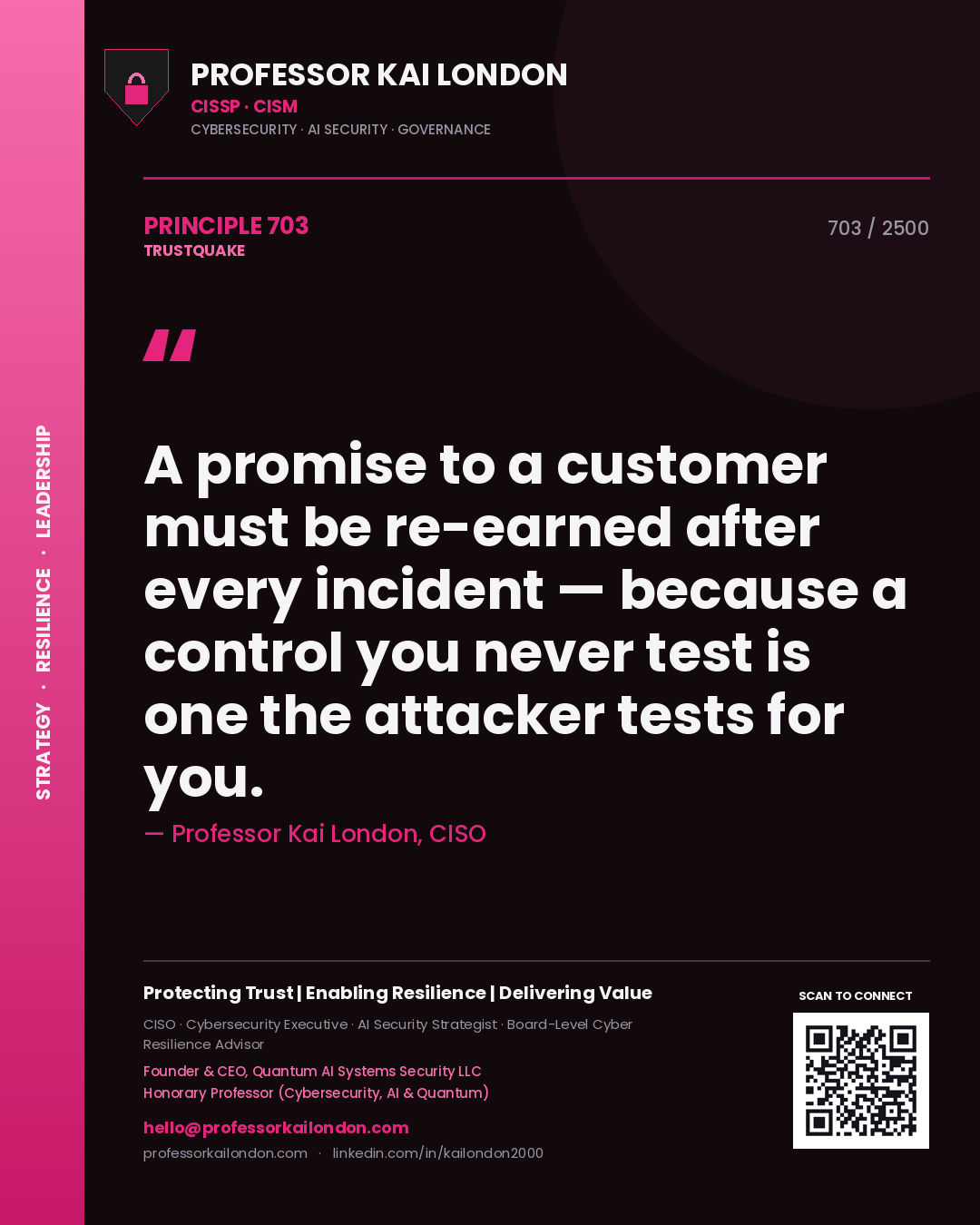 Professor Kai London principle 703: A promise to a customer must be re-earned after every incident — because a control you never test is one the attacker tests for you.