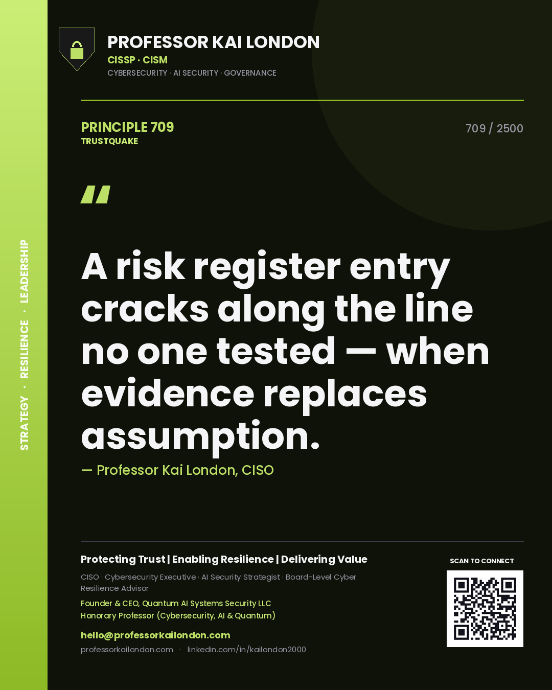 Professor Kai London principle 709: A risk register entry cracks along the line no one tested — when evidence replaces assumption.