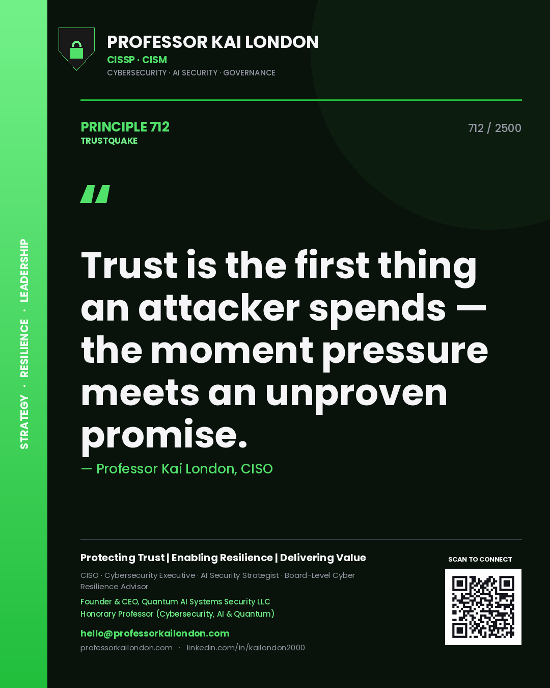 Professor Kai London principle 712: Trust is the first thing an attacker spends — the moment pressure meets an unproven promise.