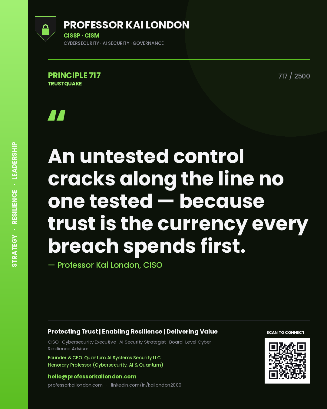Professor Kai London principle 717: An untested control cracks along the line no one tested — because trust is the currency every breach spends first.