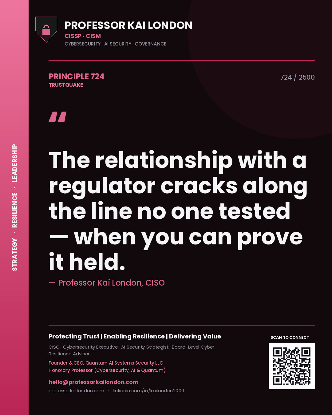 Quote card by Professor Kai London reading 'The relationship with a regulator cracks along the line no one tested — when you can prove it held.'. From the book Trustquake.