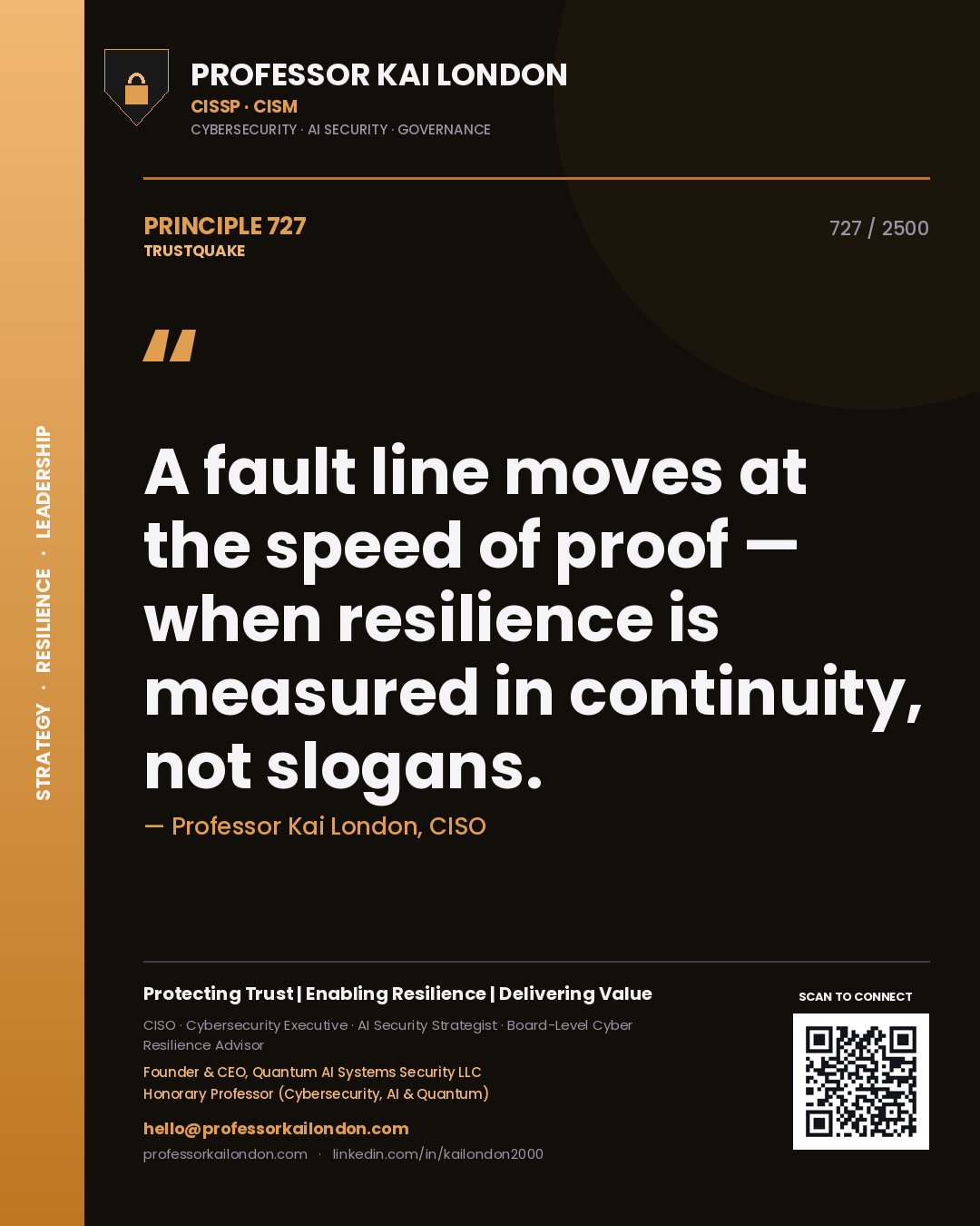 Professor Kai London principle 727: A fault line moves at the speed of proof — when resilience is measured in continuity, not slogans.