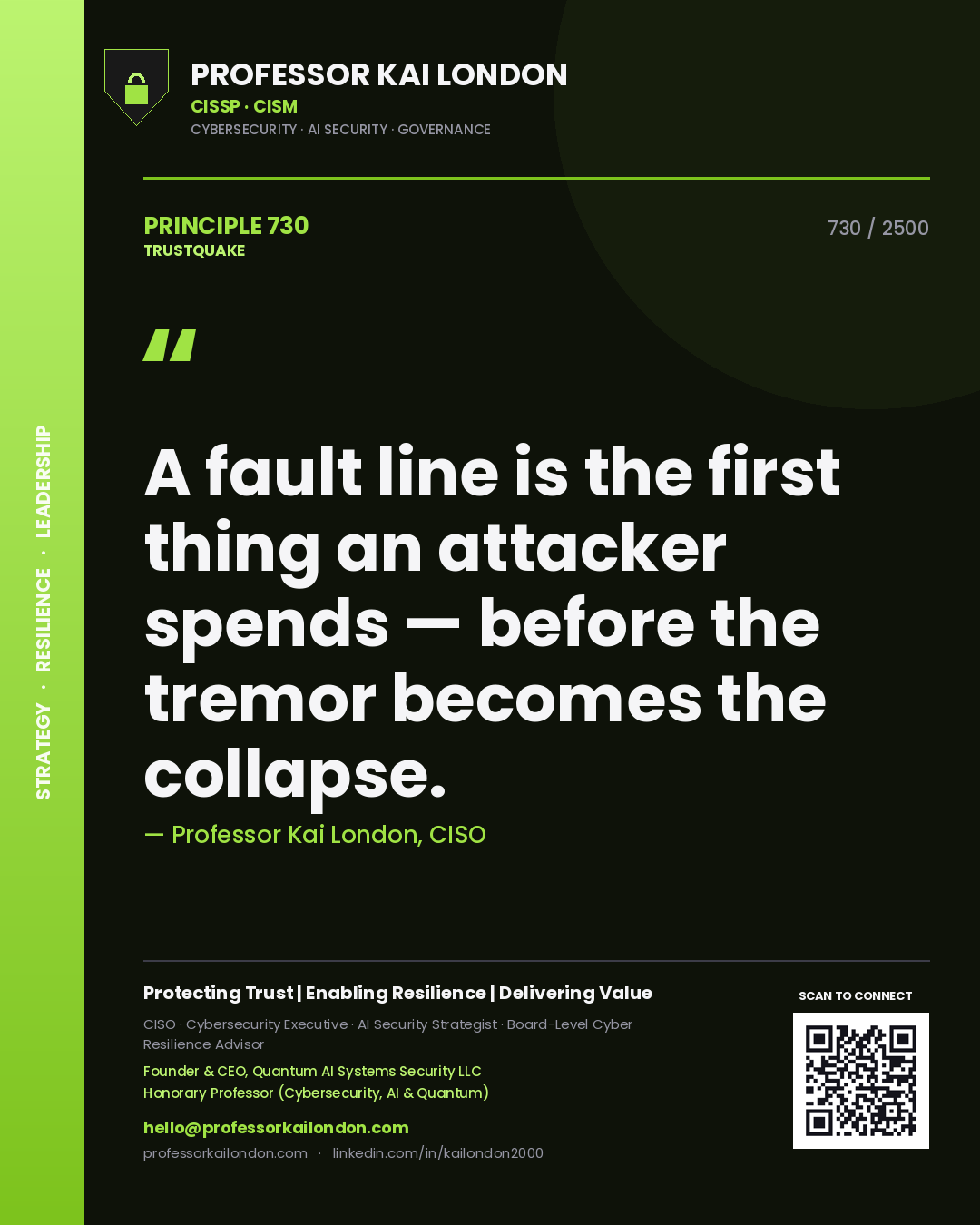 Professor Kai London principle 730: A fault line is the first thing an attacker spends — before the tremor becomes the collapse.
