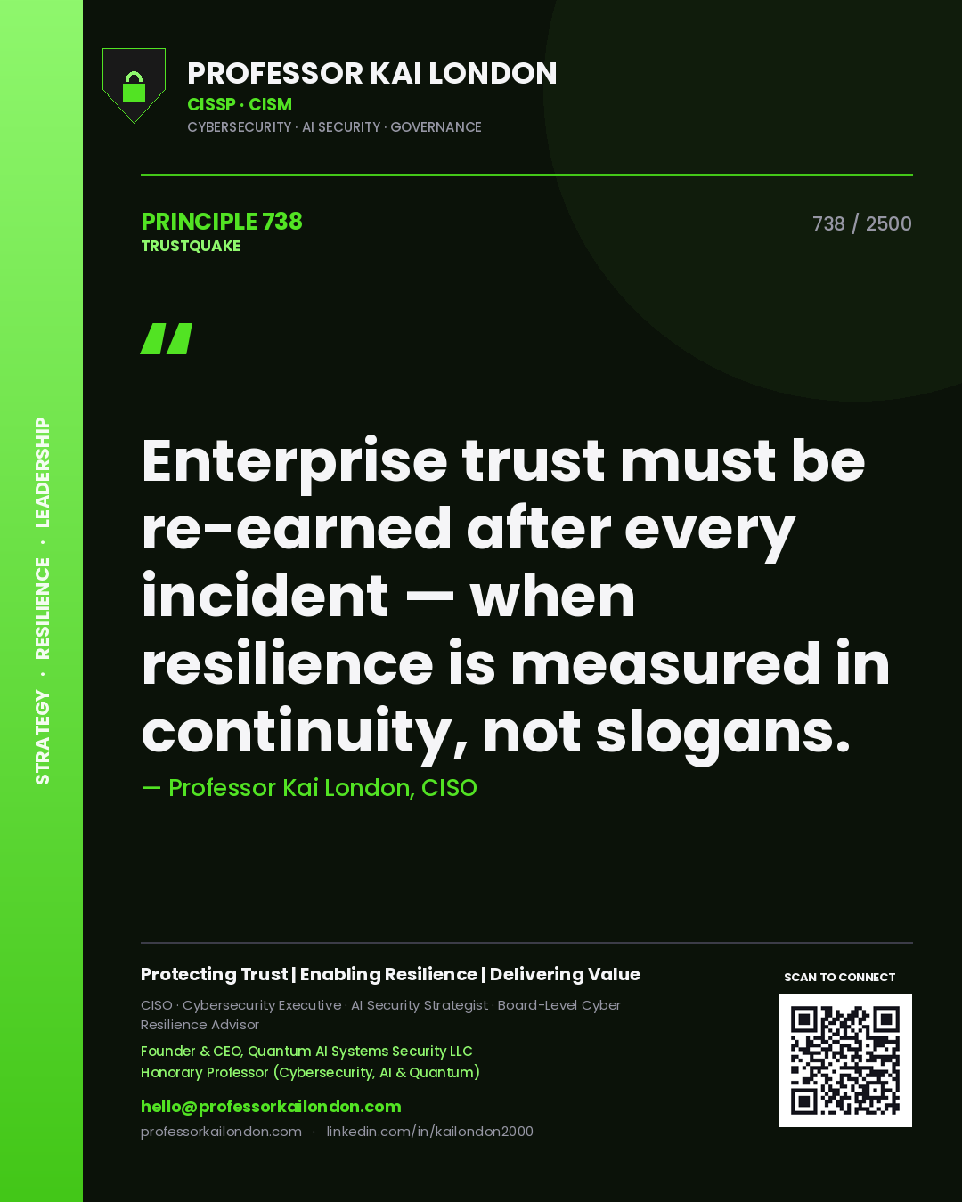 Professor Kai London principle 738: Enterprise trust must be re-earned after every incident — when resilience is measured in continuity, not slogans.