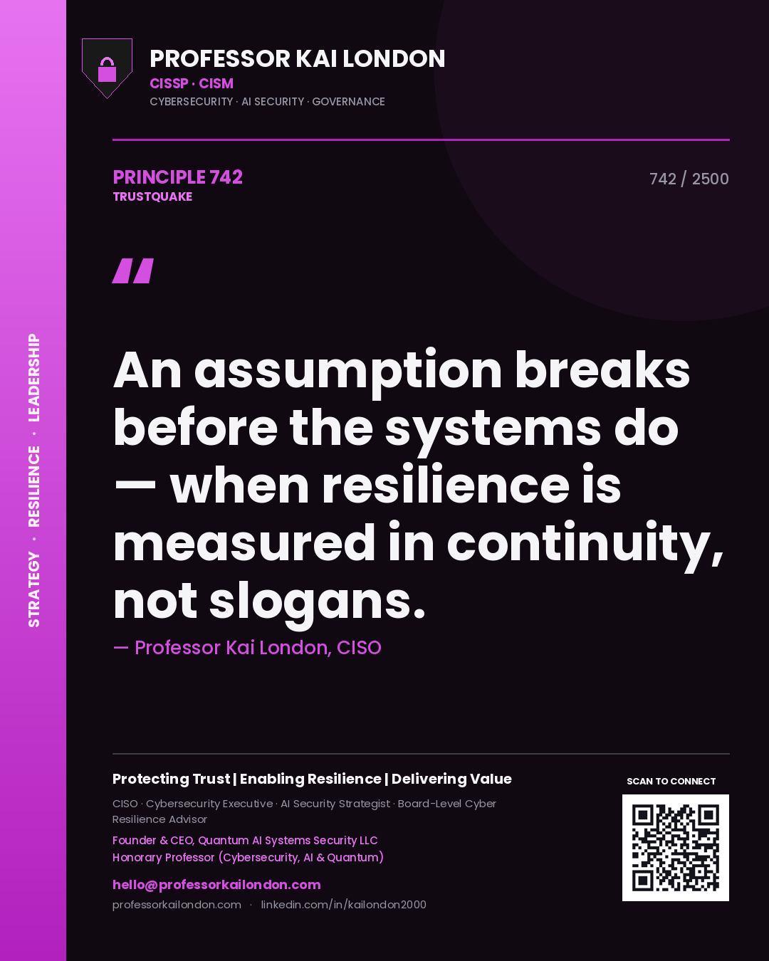 Quote card by Professor Kai London reading 'An assumption breaks before the systems do — when resilience is measured in continuity, not slogans.'. From the book Trustquake.