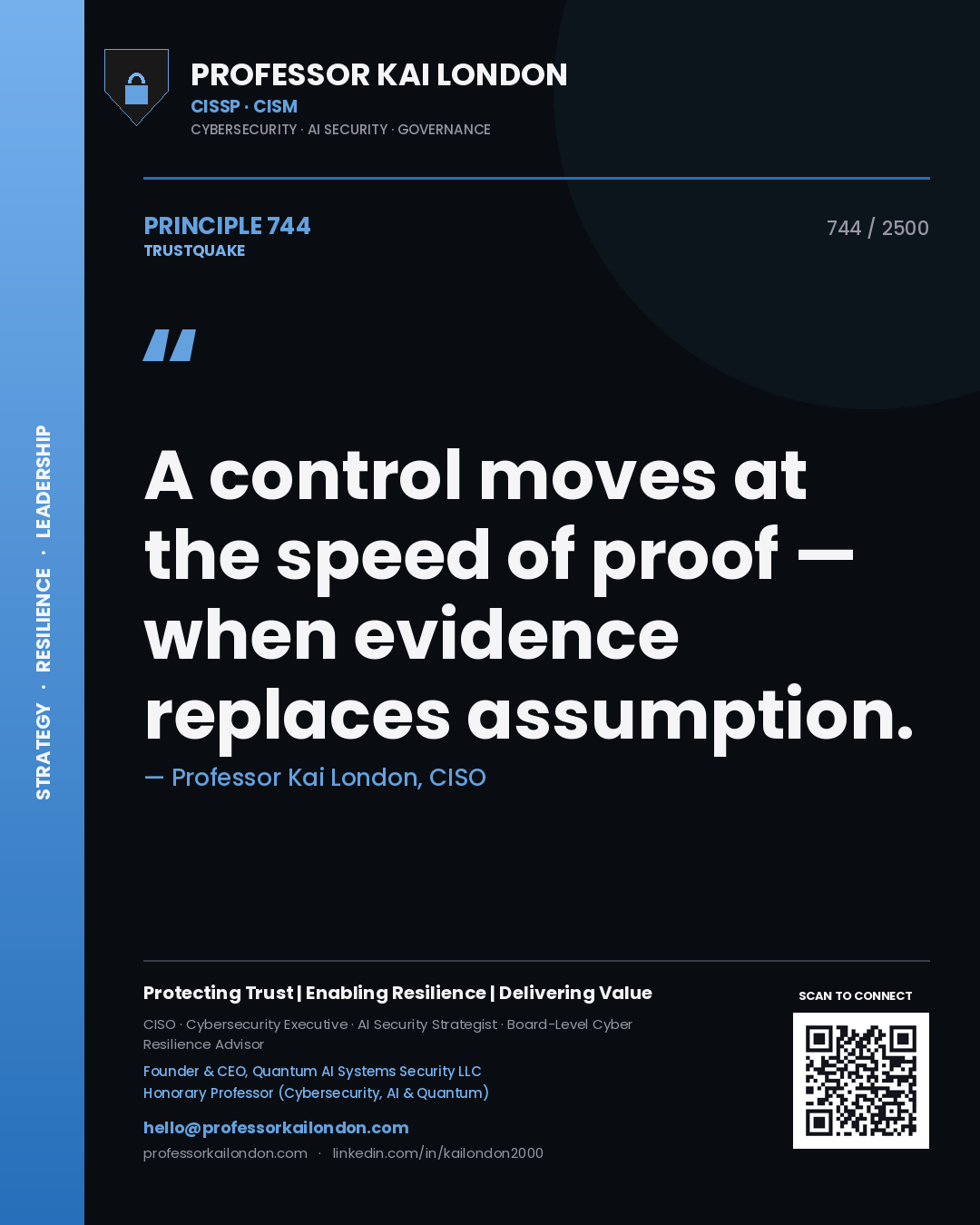 Quote card by Professor Kai London reading 'A control moves at the speed of proof — when evidence replaces assumption.'. From the book Trustquake.