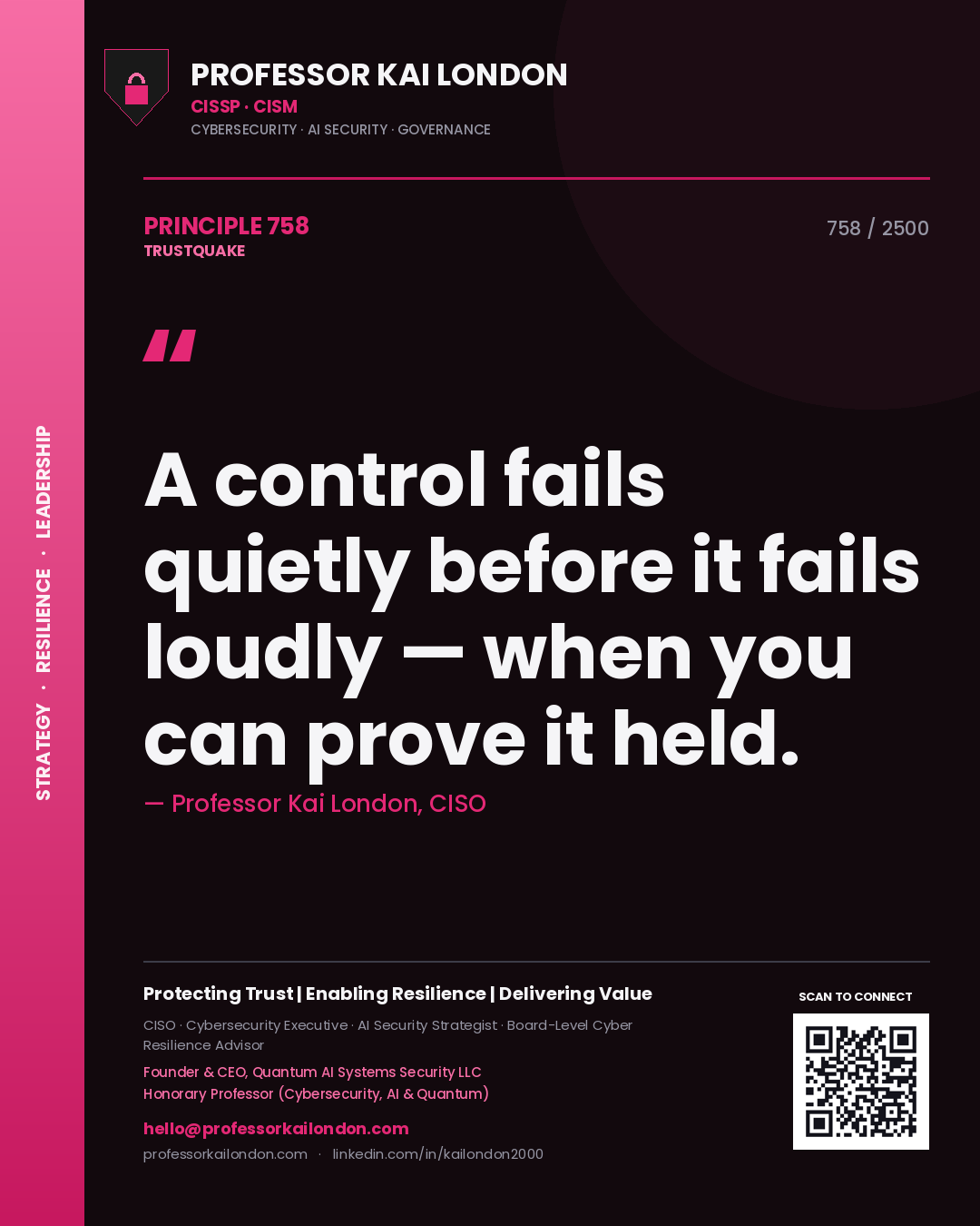 Quote card by Professor Kai London reading 'A control fails quietly before it fails loudly — when you can prove it held.'. From the book Trustquake.