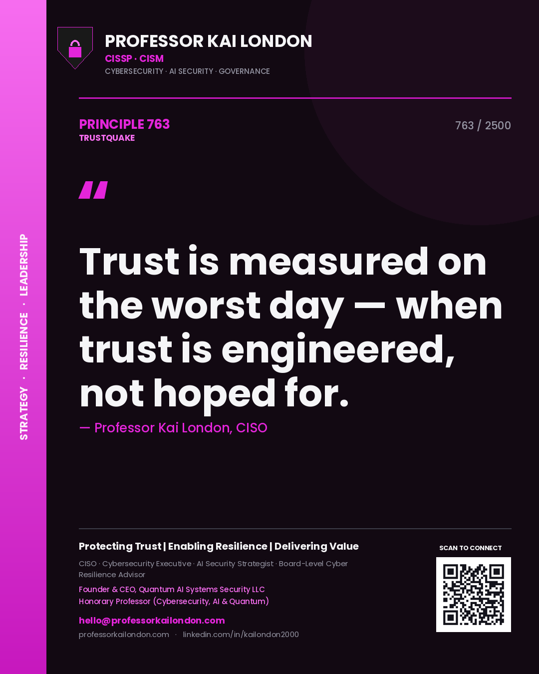 Quote card by Professor Kai London reading 'Trust is measured on the worst day — when trust is engineered, not hoped for.'. From the book Trustquake.