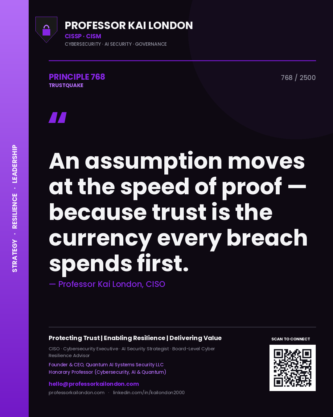 Quote card by Professor Kai London reading 'An assumption moves at the speed of proof — because trust is the currency every breach spends first.'. From the book Trustquake.