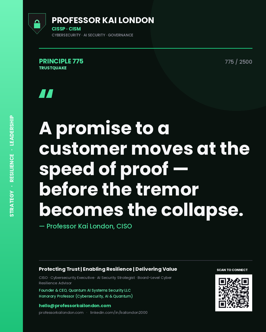 Quote card by Professor Kai London reading 'A promise to a customer moves at the speed of proof — before the tremor becomes the collapse.'. From the book Trustquake.