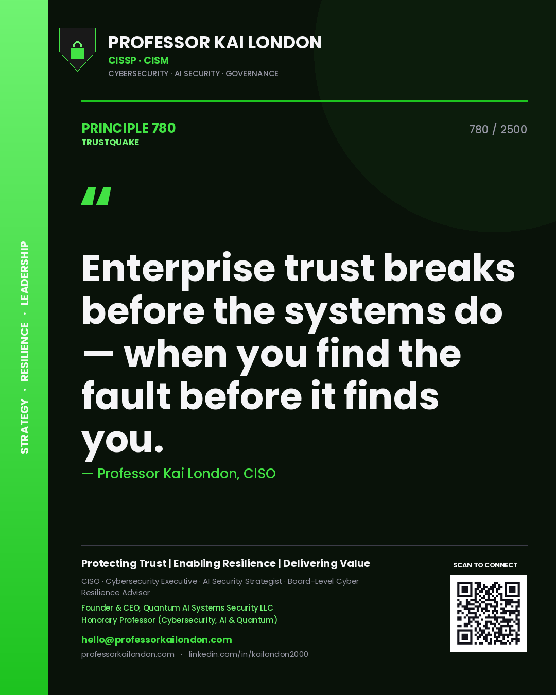 Professor Kai London principle 780: Enterprise trust breaks before the systems do — when you find the fault before it finds you.