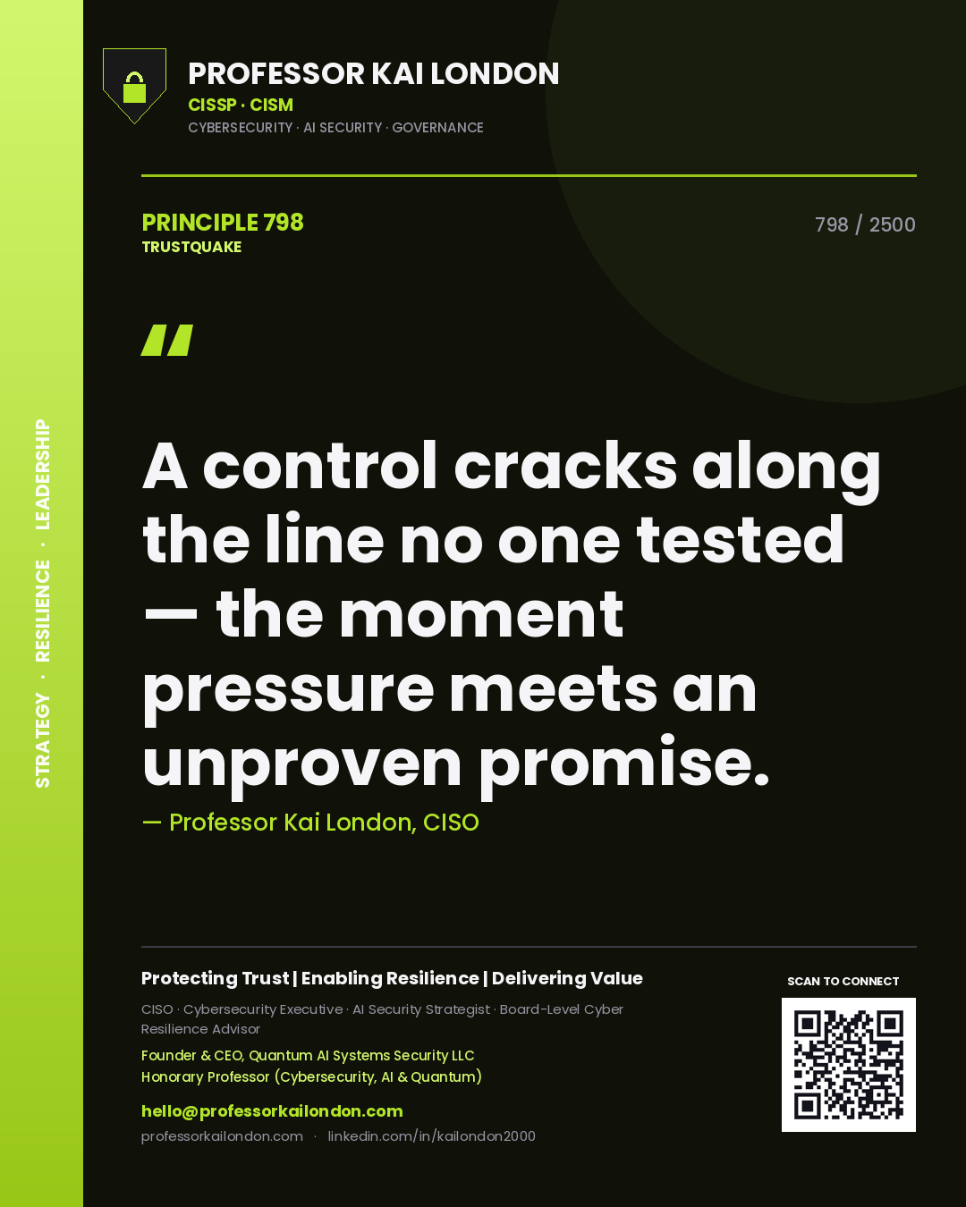 Professor Kai London principle 798: A control cracks along the line no one tested — the moment pressure meets an unproven promise.