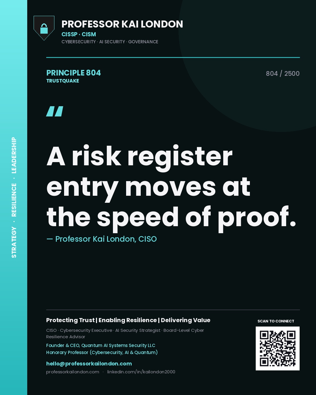 Professor Kai London principle 804: A risk register entry moves at the speed of proof.