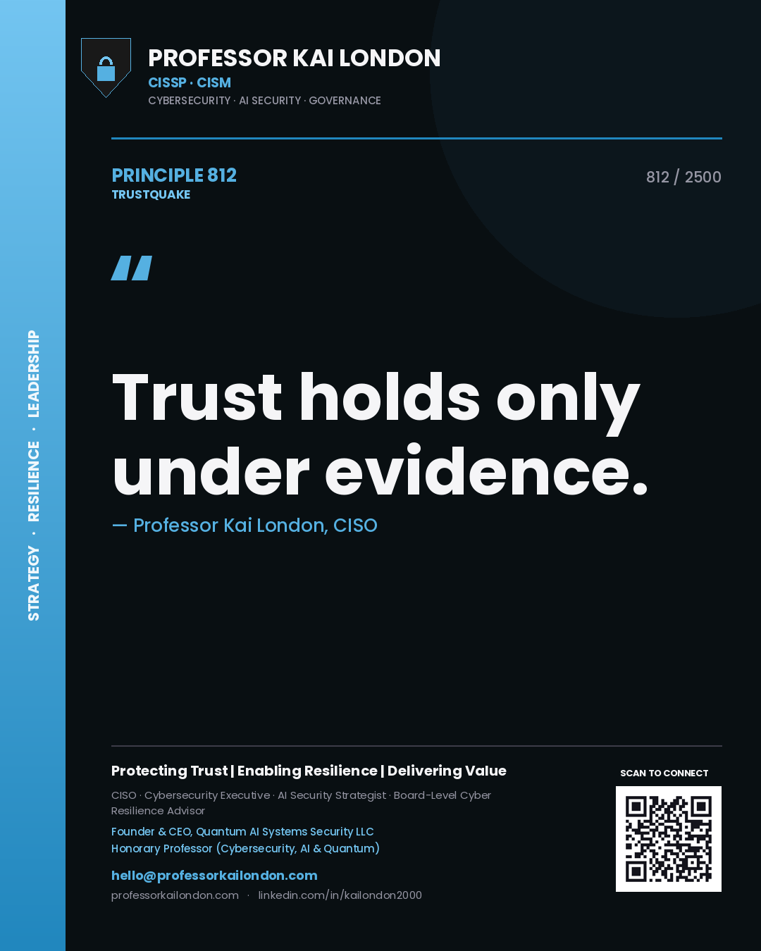 Quote card by Professor Kai London reading 'Trust holds only under evidence.'. From the book Trustquake.