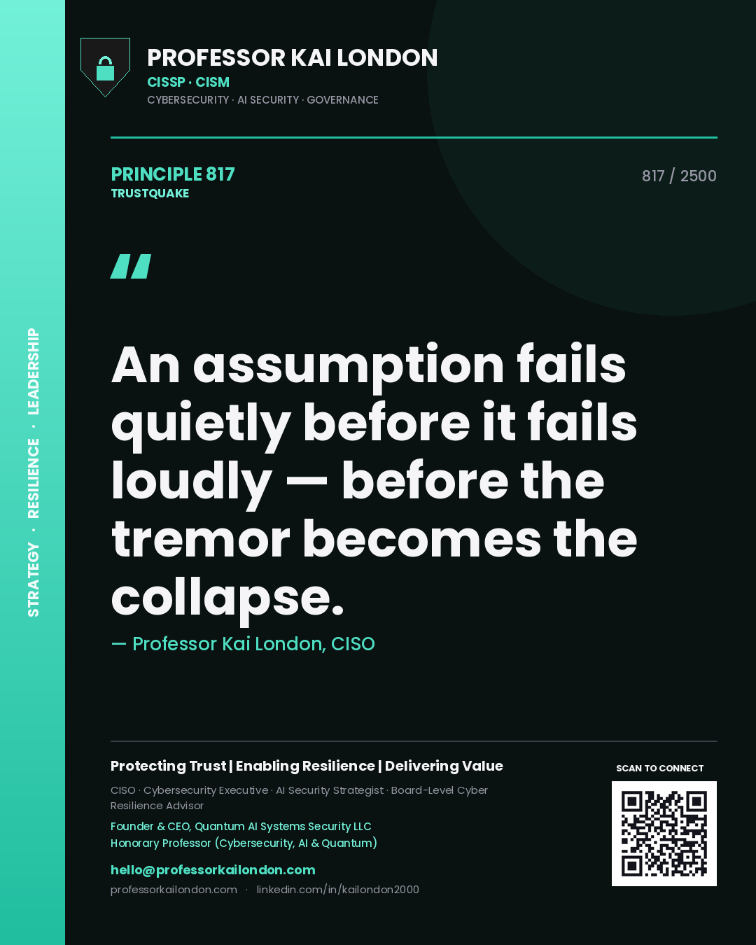 Quote card by Professor Kai London reading 'An assumption fails quietly before it fails loudly — before the tremor becomes the collapse.'. From the book Trustquake.