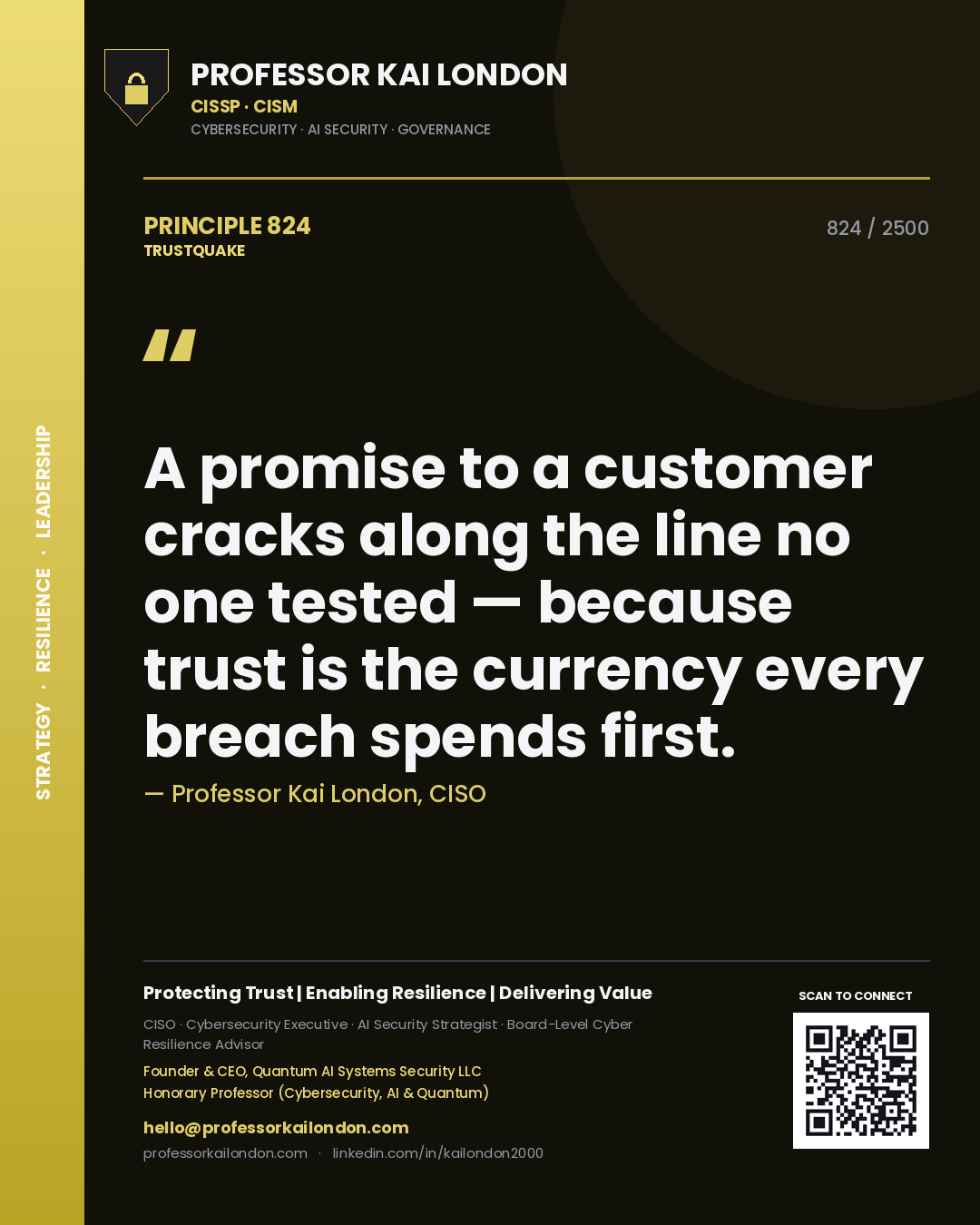 Quote card by Professor Kai London reading 'A promise to a customer cracks along the line no one tested — because trust is the currency every breach spends first.'. From the book Trustquake.