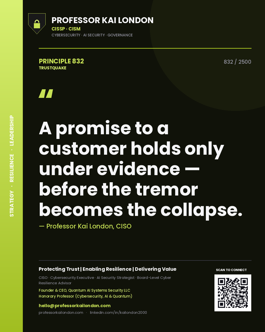 Quote card by Professor Kai London reading 'A promise to a customer holds only under evidence — before the tremor becomes the collapse.'. From the book Trustquake.