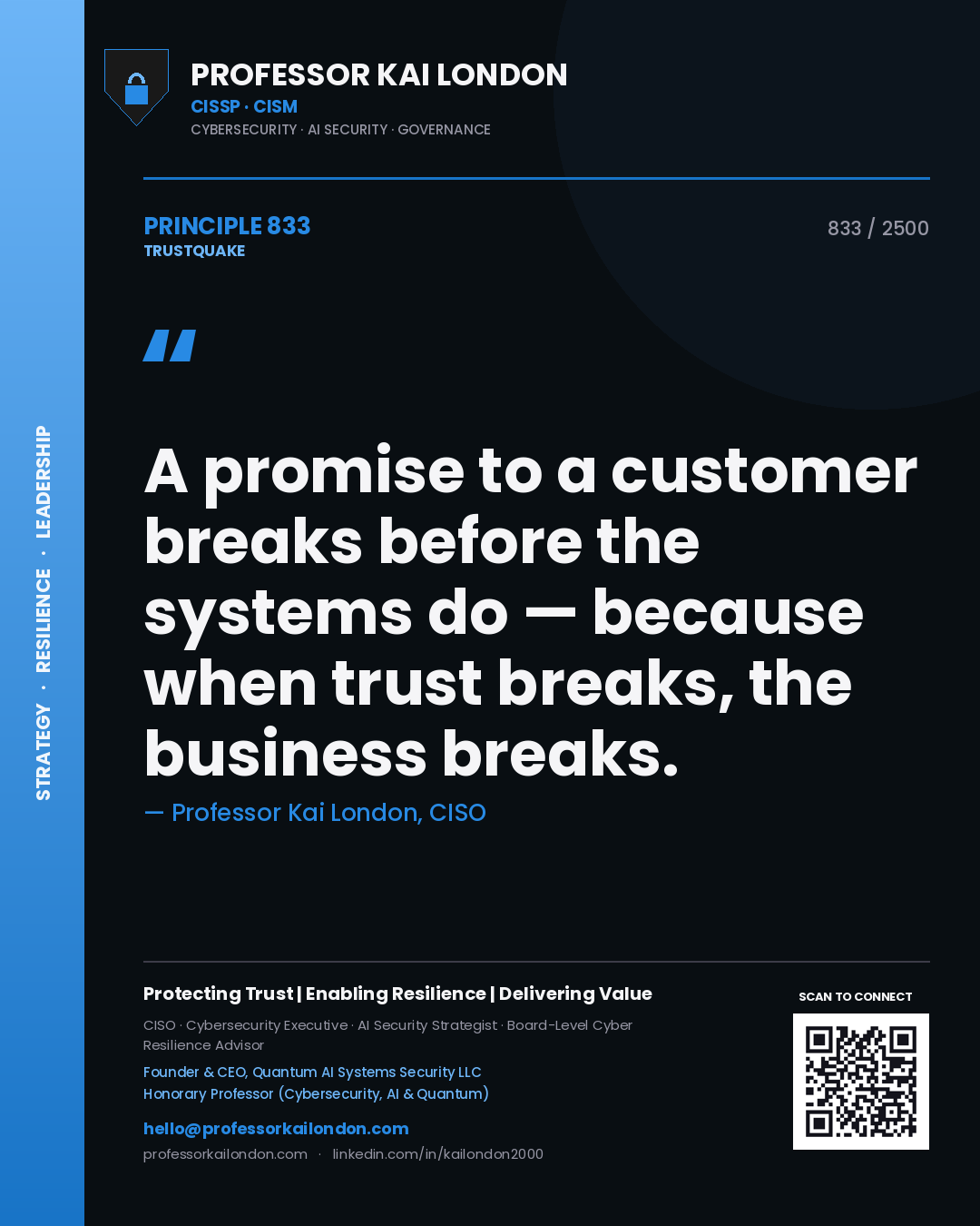 Quote card by Professor Kai London reading 'A promise to a customer breaks before the systems do — because when trust breaks, the business breaks.'. From the book Trustquake.