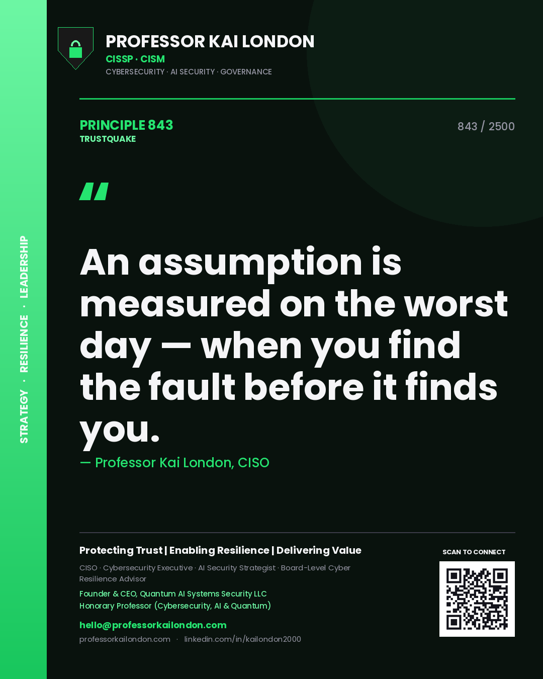 Quote card by Professor Kai London reading 'An assumption is measured on the worst day — when you find the fault before it finds you.'. From the book Trustquake.